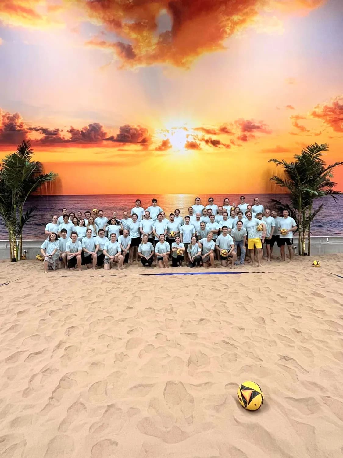 Gruppbild framför solnedgångsväggen med palmer och sand